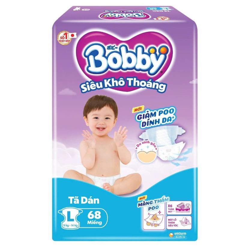 [MẪU MỚI] Tã Dán Bobby Siêu Khô Thoáng Lõi Nén Cotton-Soft Size L68 Cho Bé Từ 9 Kg Đến 14 Kg - Kho Bỉm Thanh Ngân
