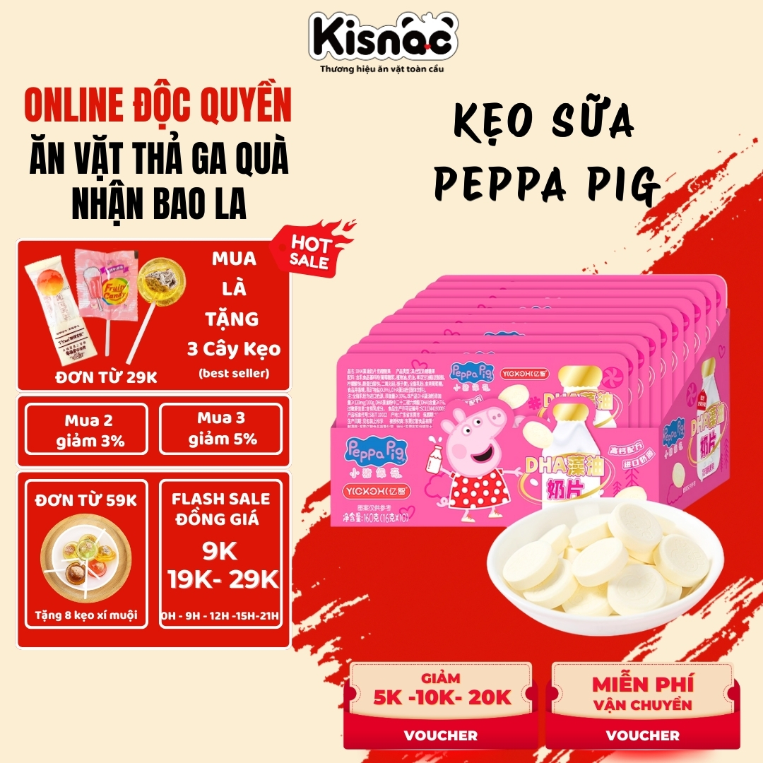 Kẹo Sữa Peppa Pig DHA 16g Viên Nhỏ Xinh Dễ Ăn Vị Ngọt Dịu Béo Béo Thơm Ngon Hộp Mini Hình Hot Trend Snack Ngọt Dễ Ăn Cho Học Sinh Sinh Viên Kisnac