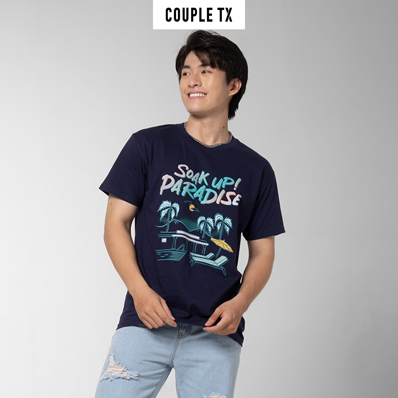 Áo Thun Nữ/Nam COUPLE TX - Áo Phông 100% Cotton Tay Ngắn Cổ Tròn Hình In Soak Up In Paradise MTS 136