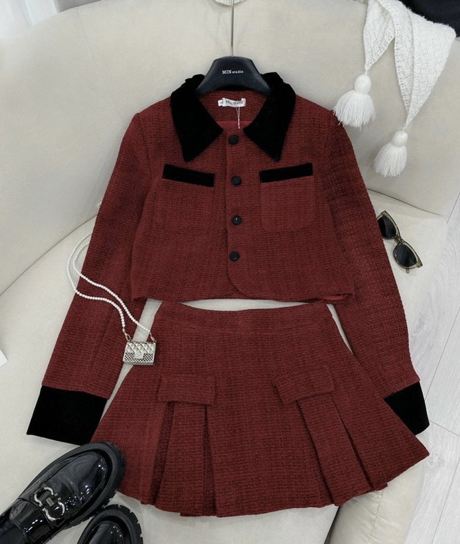 Set Váy dạ tweed đỏ phối nhung váy xếp KRV01 cho mùa noel vải dạ tweed dài dặn tay dài