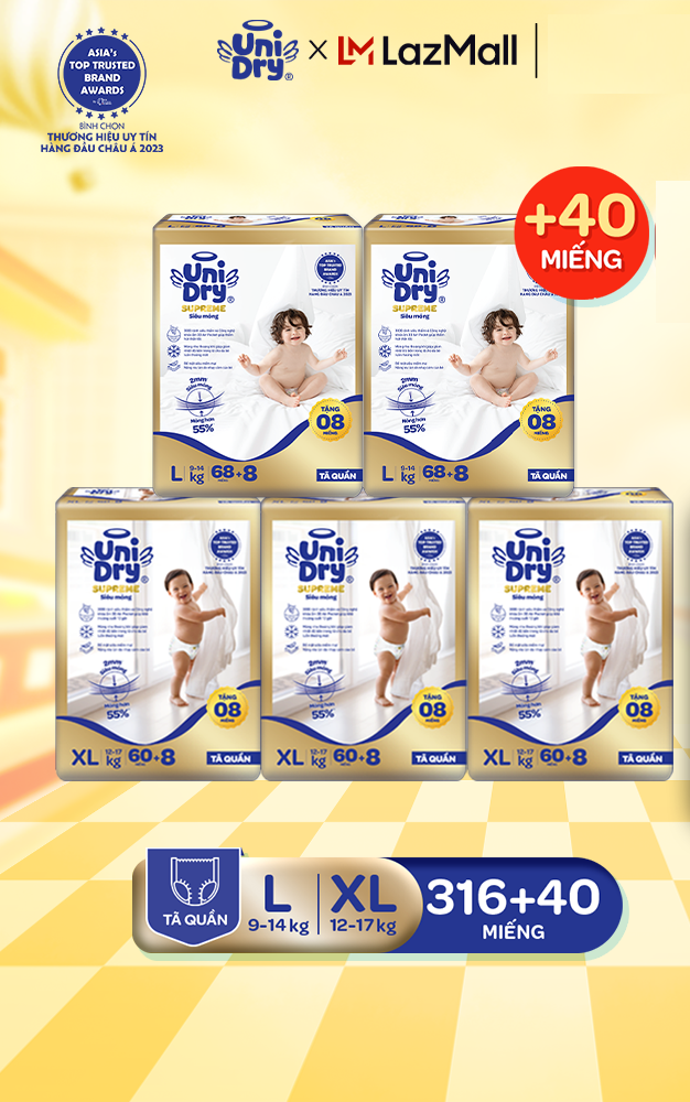[Siêu mỏng 2mm] Combo 5 Tã quần UniDry Supreme size M/L/XL/XXL + 8 miếng