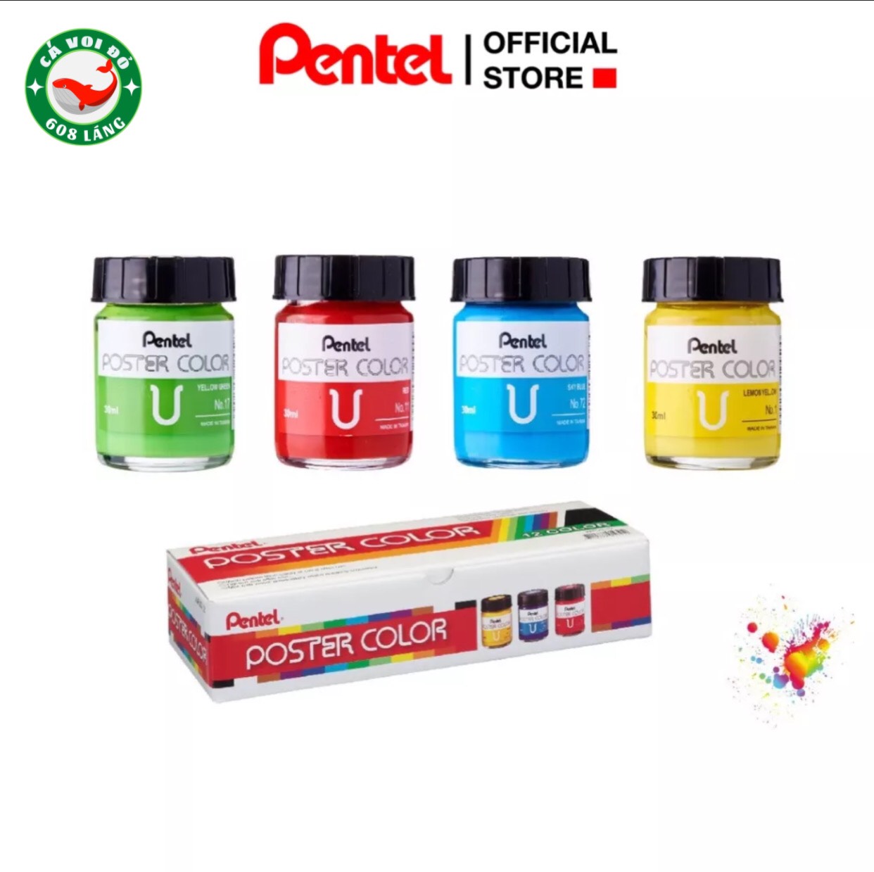 Hộp 12 Màu Poster Pentel WPU2_T12 | Màu Bột Gốc Nước Vẽ trên Mọi Chất Liệu | Màu Bền Lâu Phai