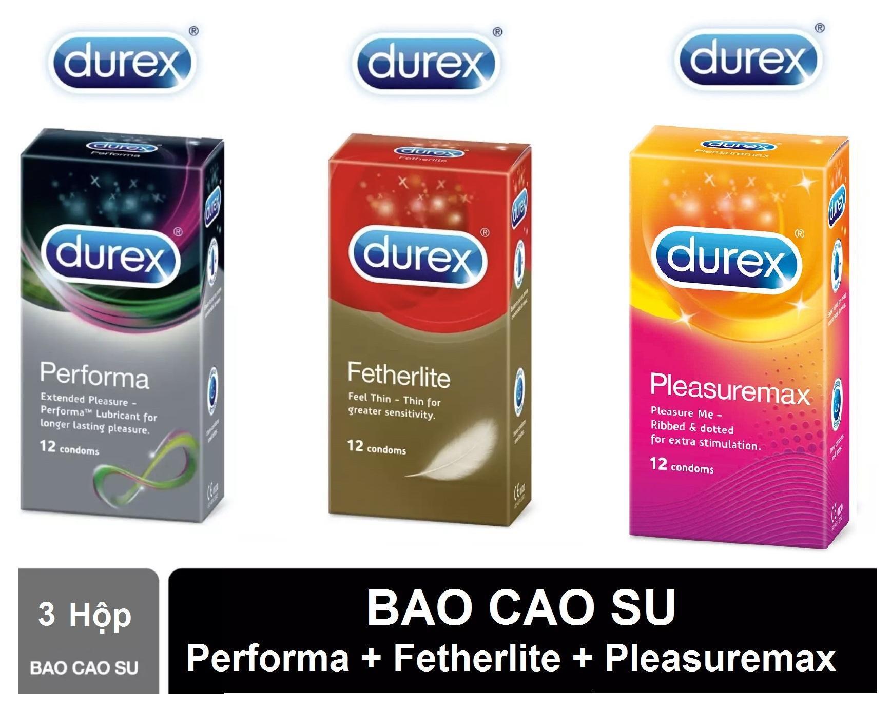 Bộ 3 Hộp Bao Cao Su Hàng Đầu Durex Performa+Fetherlite+Pleasuremax Hộp 12C