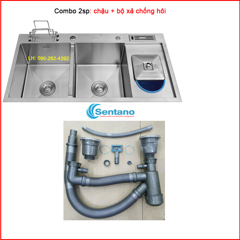 [SALE RẺ]Chậu rửa chén đúc liền khối inox 304 SENTANO 2 ngăn 100X48cm - Bồn rửa chén inox 2 ngăn
