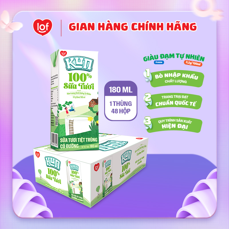 [DATE THÁNG 4] KUN 100% Sữa Tươi Cao Cấp Có Đường thùng 48 hộp x 180ml