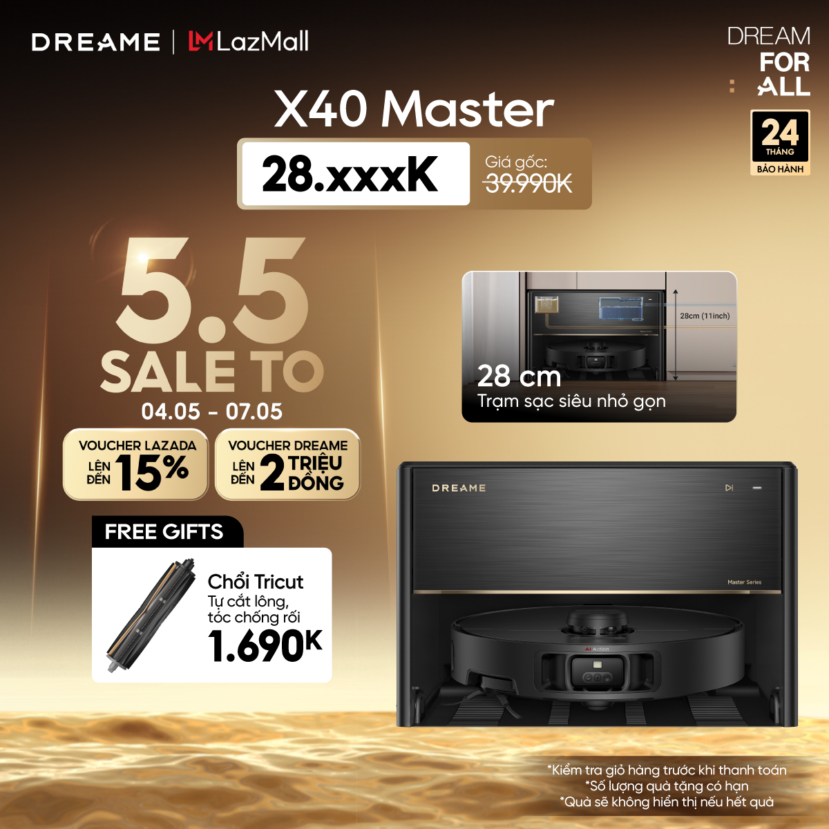 Robot hút bụi lau sàn thông minh Dreame X50 Master - Kích thước 350x350x89mm, Dung lượng 0.395L