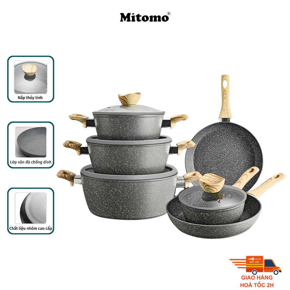 Bộ nồi chảo vân đá 6 món chống dính cao cấp Mitomo Queen Time dùng cho bếp từ bếp ga - Hàng chính hã
