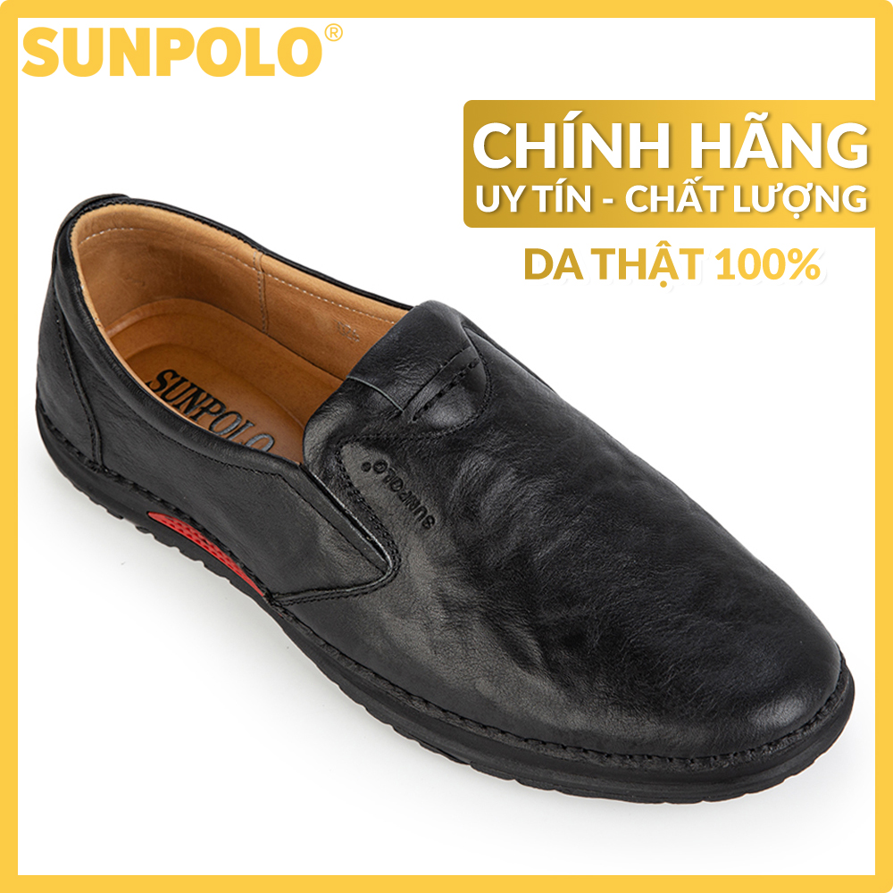 Giày Mọi Nam Da Bò SUNPOLO Đế Cao Su May Khâu CS5026 (Nâu)