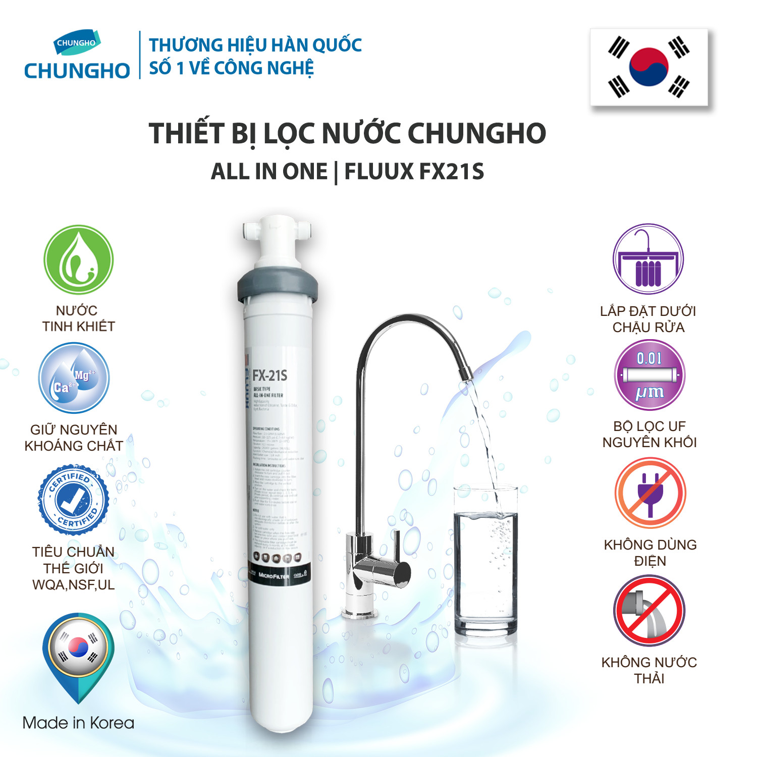 Thiết bị lọc nước thương mại Chungho FX-21S - Lọc đầu nguồn, Hàn Quốc, 590x110x120mm