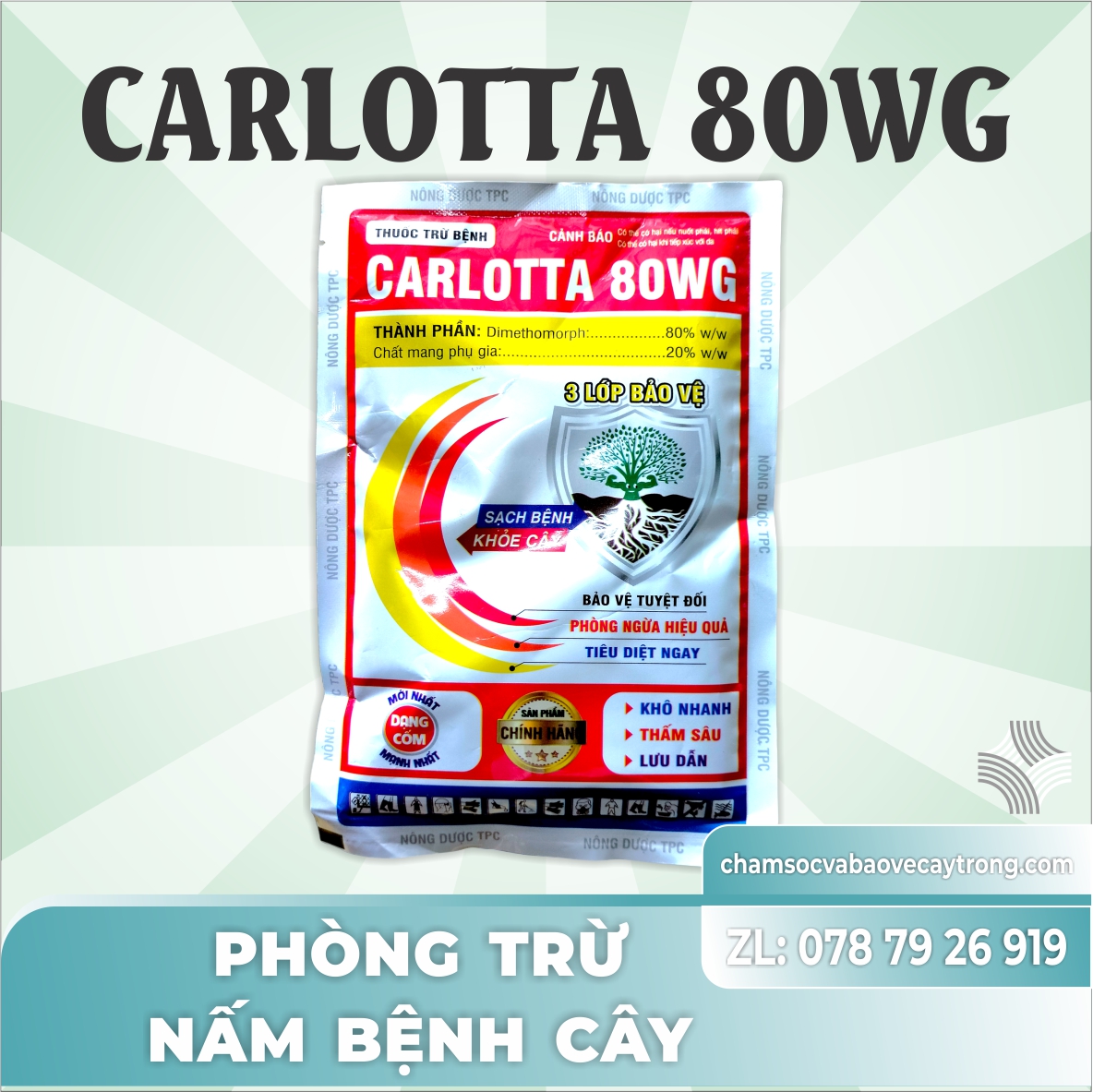 Vàng Lá Thối Rễ Sầu Riêng Gói 100g Carlotta 80WG Hoạt Chất Dimethomorph 80% Pha Gói Cho 100 - 200 Lí