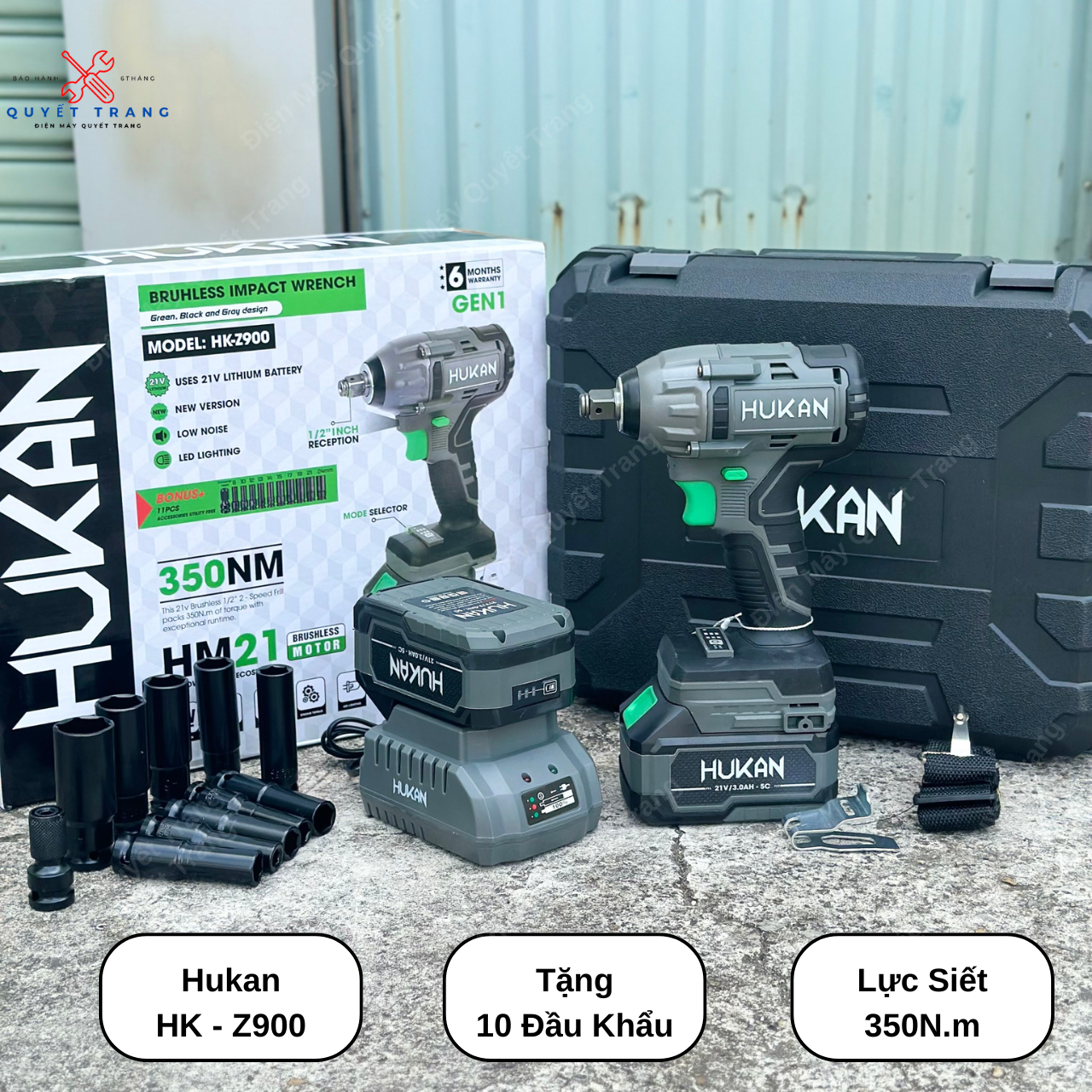 Máy Siết Bulong Hukan HK - Z900 Không Chổi Than Đầu 1/2 Tặng Kèm 10 Đầu Khẩu 1 Đầu Chuyển Vít Bảo Hà