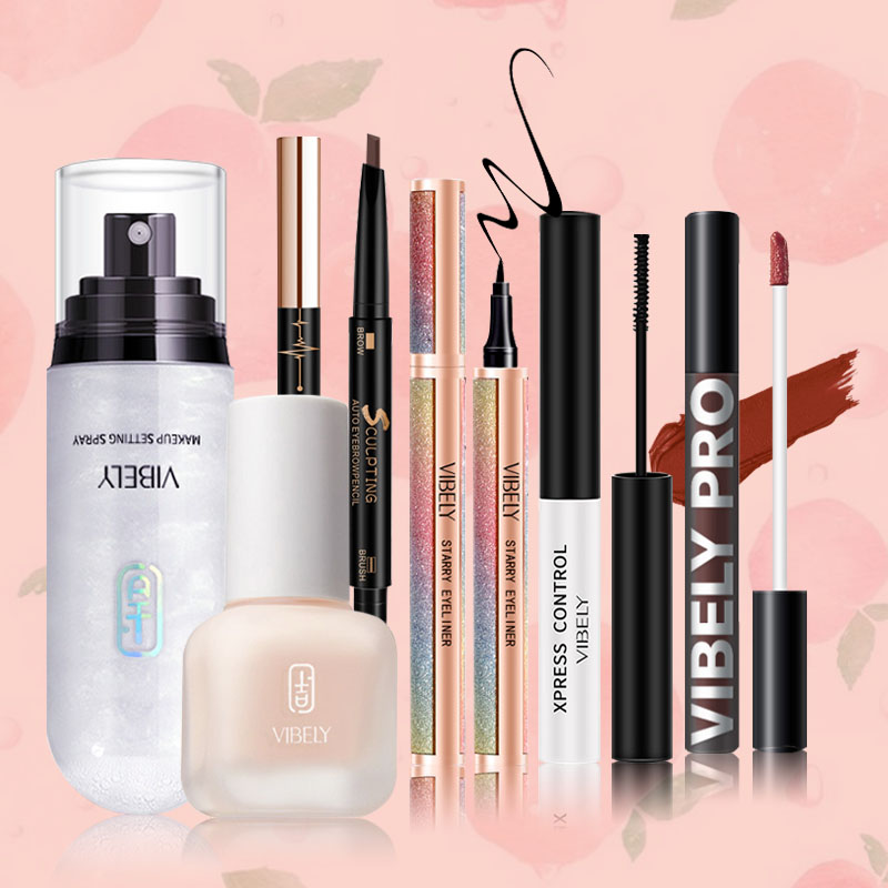 [HCM]VIBELY Bộ trang điểm đầy đủ Kem nền dạng lỏng+Xịt dưỡng trang điểm+Mascara+Bút kẻ mắt+Bút kẻ lông mày+Sơn bóng (Quà tặng miễn phí: 50 miếng Bông tẩy trang + 1 gói mặt nạ + 1 Mút tán)
