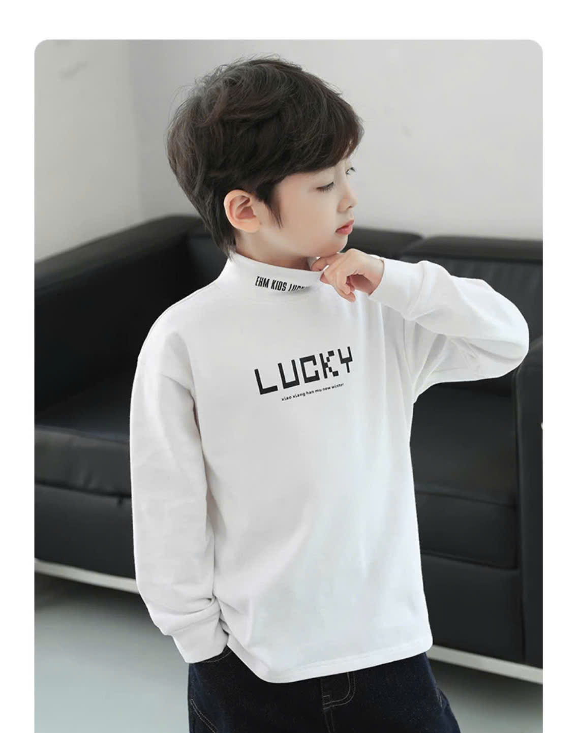 Áo giữ nhiệt cho bé trai 17-45kg áo dài tay cổ 3 phân cho bé mẫu LUCKY vải giữ ấm tốt hàng may kĩ.L