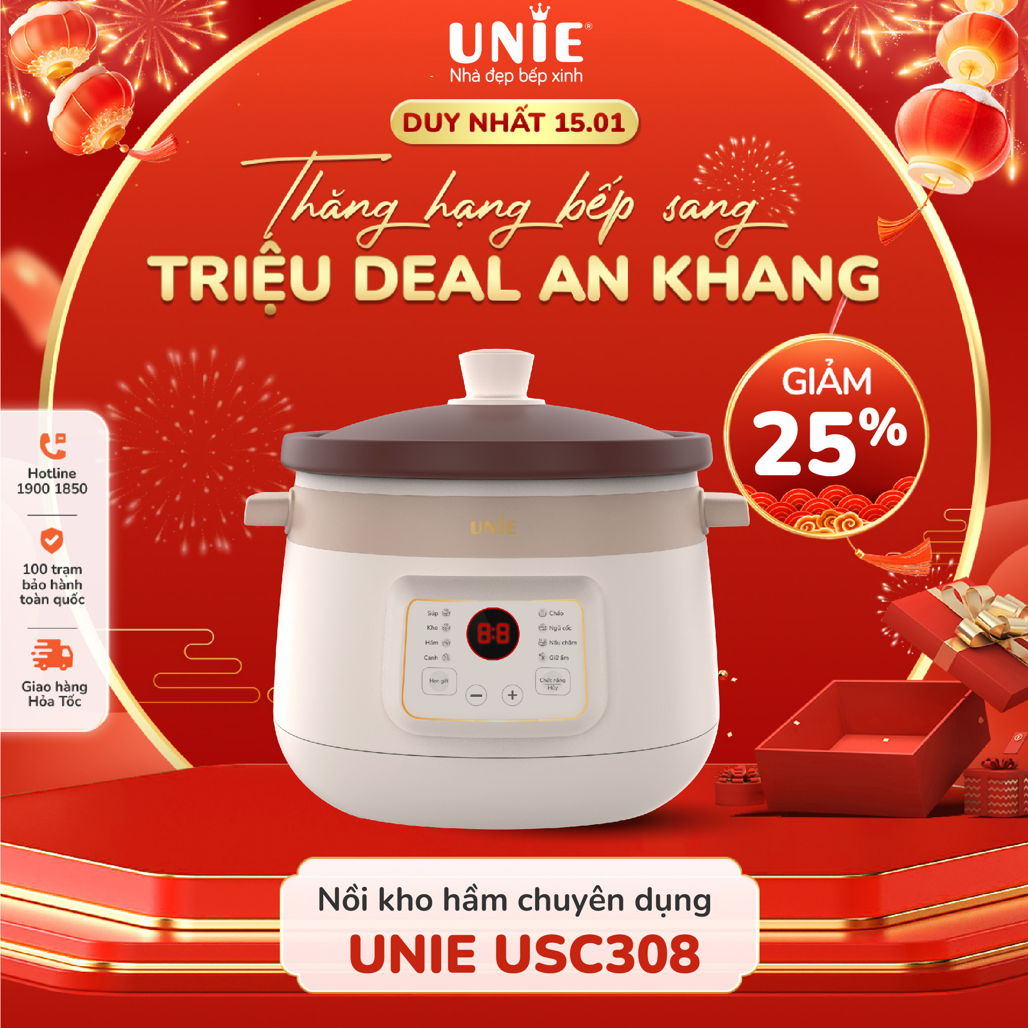 Nồi kho hầm đa năng UNIE USC308 dung tích 3L lòng nồi gốm tử sa nấu chậm giữ vẹn dưỡng chất