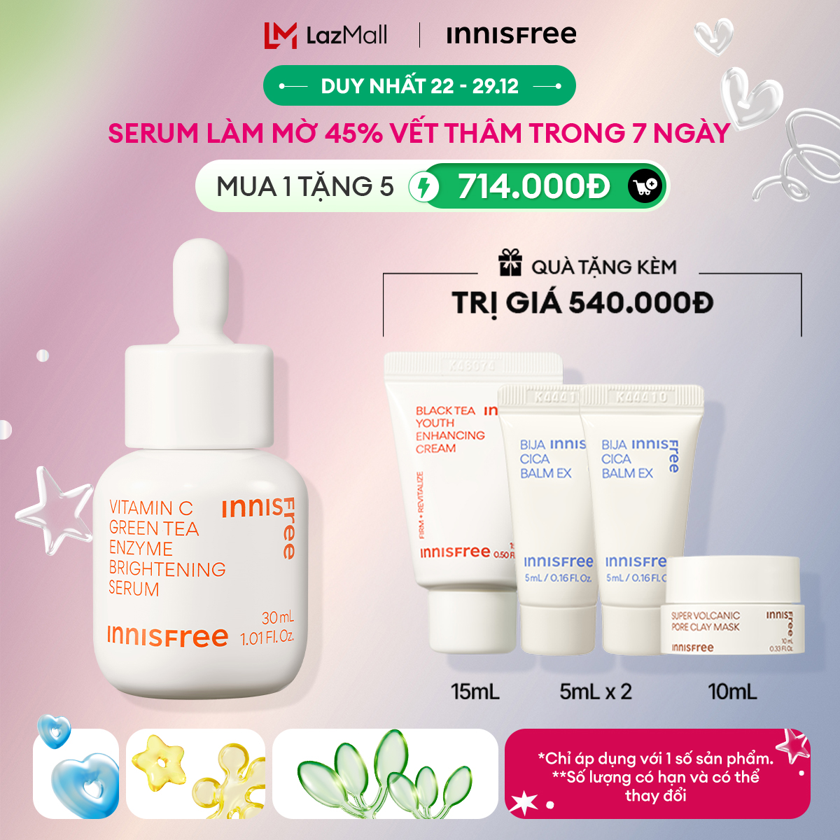 Serum Vitamin C sáng da mờ thâm mụn INNISFREE Green Tea Enzyme Brightening Serum