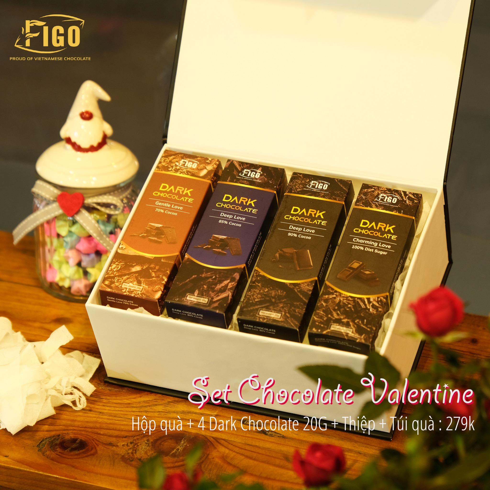 Set hộp quà trắng 4 hộp Socola đen 20g FIGO quà tặng valentine