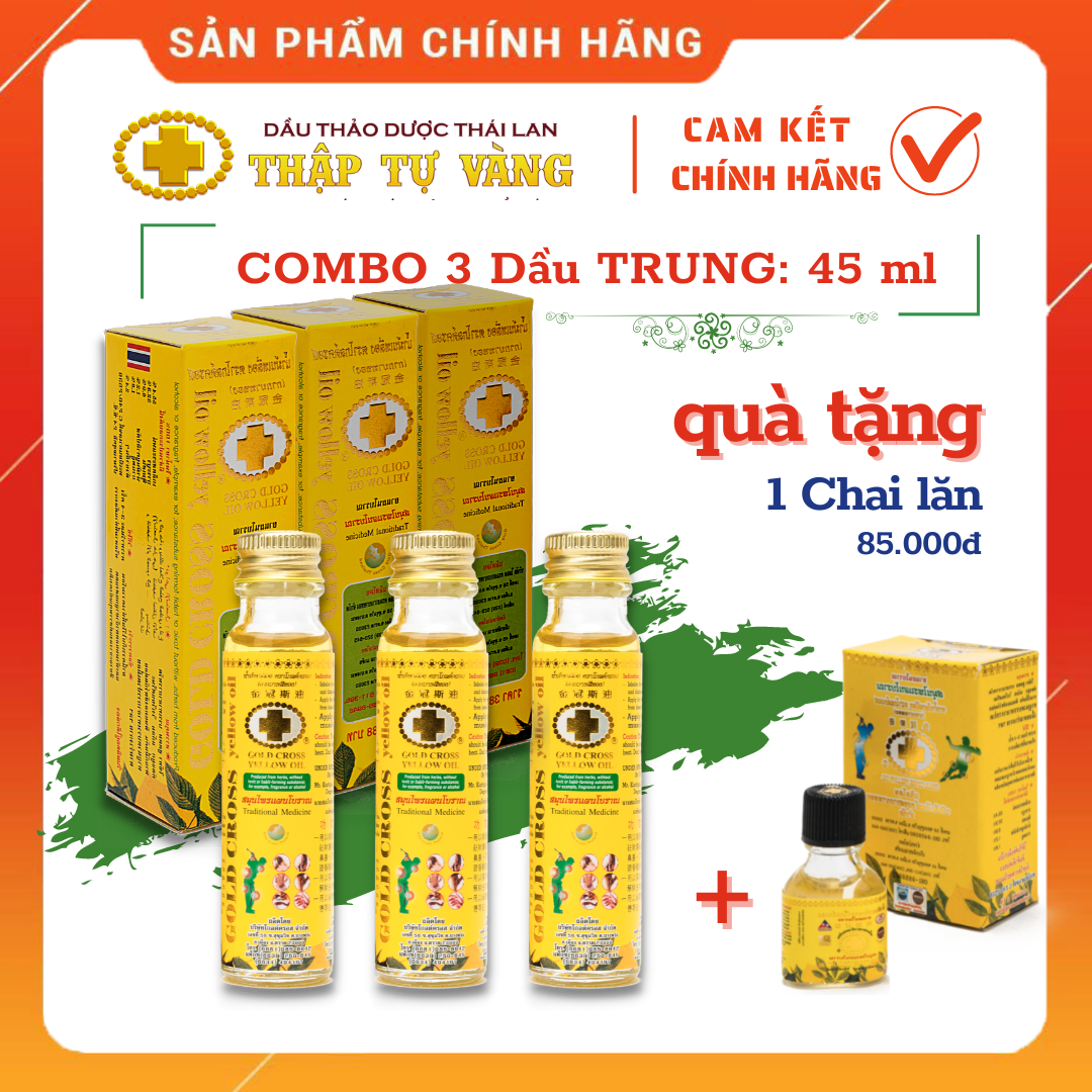 Combo 3 Dầu Thập Tự Vàng Thái Lan: Loại Trung 15Ml Tặng 1 Chai Dầu 65.000Đ *** Đau Nhức - Kháng Viêm - Tan Bầm Tím *** [ Chính Hãng Gold Cross Yellow Oil Thailand]