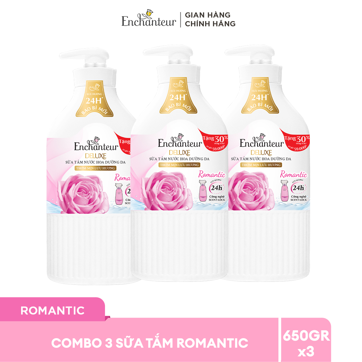 Combo 3 Sữa tắm hương nước hoa Enchanteur Romantic 650gr/ Chai