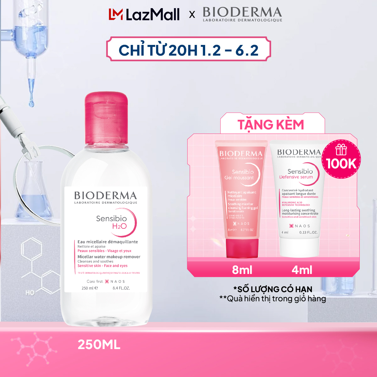 Dung dịch làm sạch và tẩy trang micellar cho da thường và da nhạy cảm Bioderma Sensibio H2O - 250ml