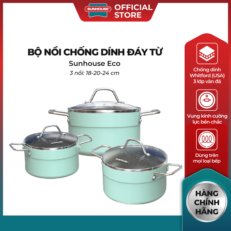 Bộ Nồi Chống Dính Vân Đá Từ SHG1122M Hàng Chính Hãng Sunhouse 3 Size 18 - 20 - 24 cm