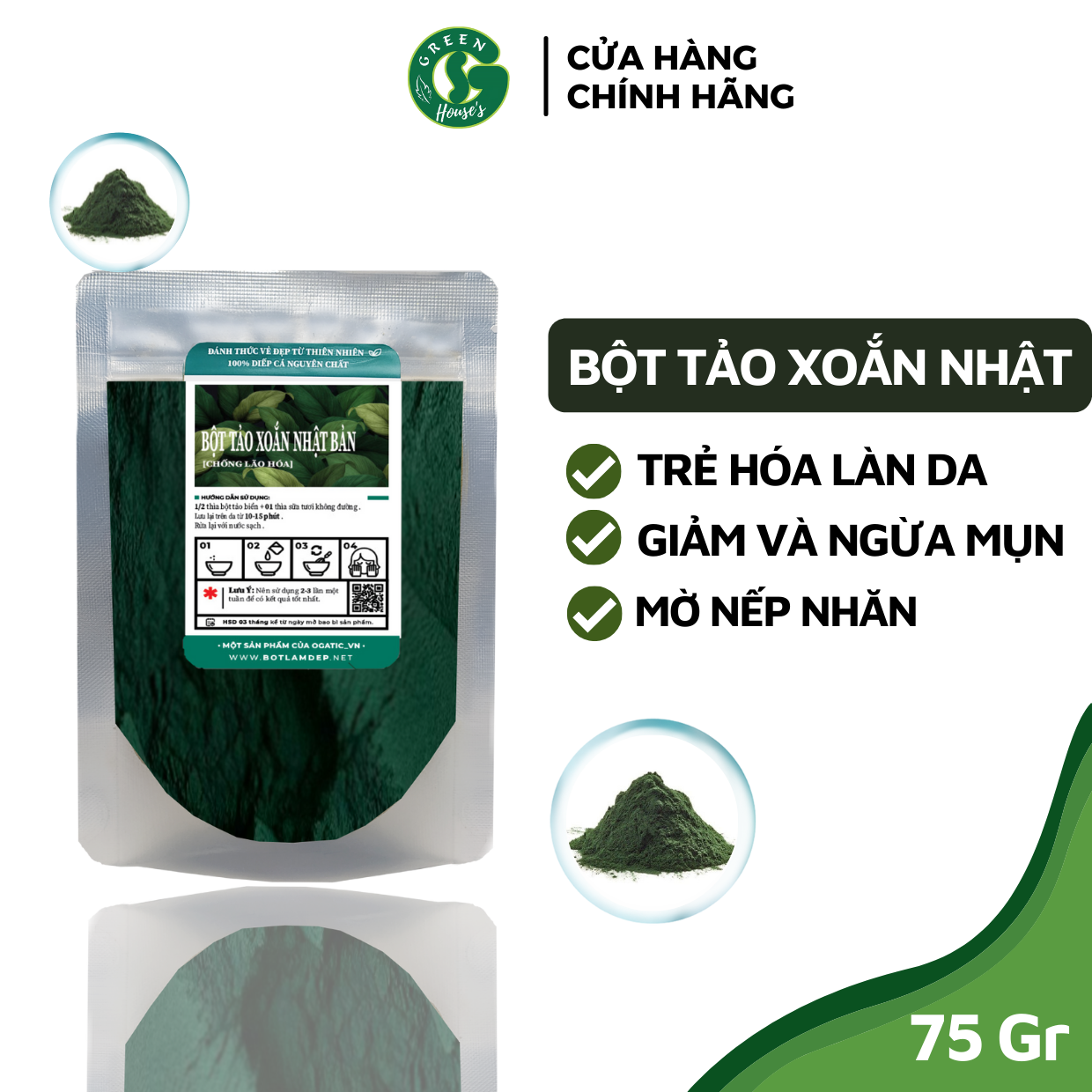 Bột Tảo xoắn giúp dưỡng trắng giảm thâm nám sạm da - Handmade 75g- B2.009
