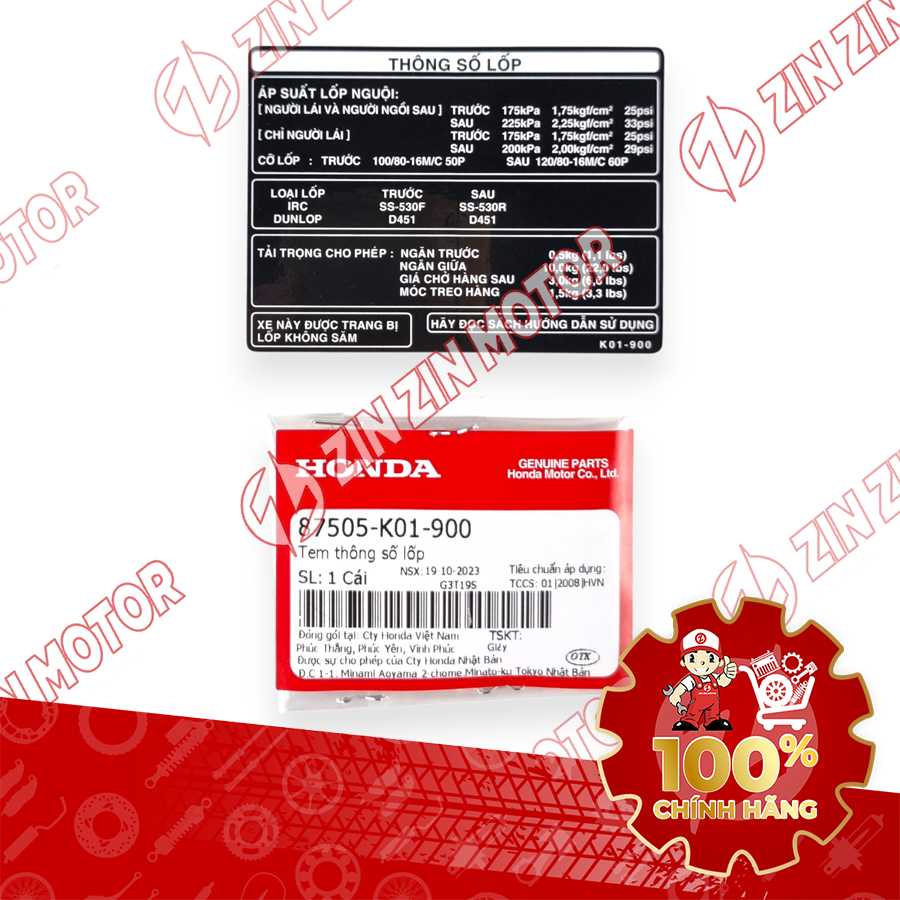 Tem Thông Số Lốp Xe SH 150i / 125i 2017 2018 2019 87505-K01-900 Chính Hãng - ZZM