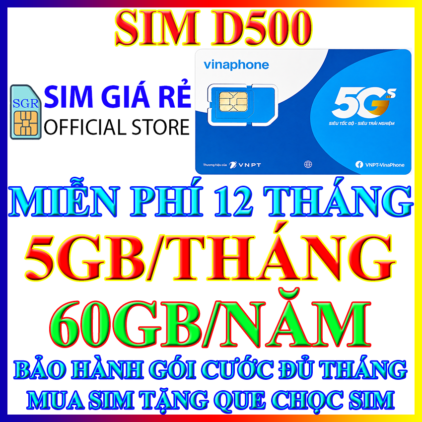 Sim 4G 5G Vinaphone D500 trọn gói 1 năm 5Gb/tháng x 12 tháng - Sim 4G Vina D500 - Shop Sim Giá Rẻ FREESHIP - CHƯA KÍCH HOẠT.