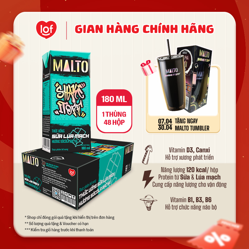 Sữa lúa mạch MALTO Shake It Off  hương sôcôla bạc hà thùng 48 hộp x 180ml
