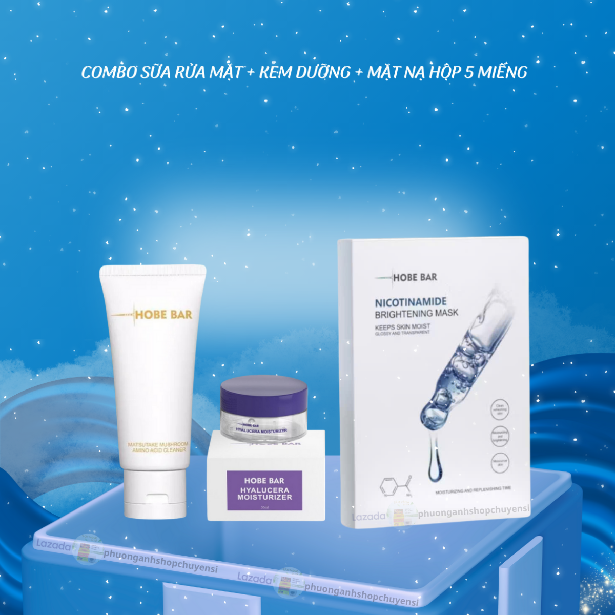 Hobebar Combo Sữa rửa mặt + kem dưỡng + hộp mặt nạ 5 miếng hobebar