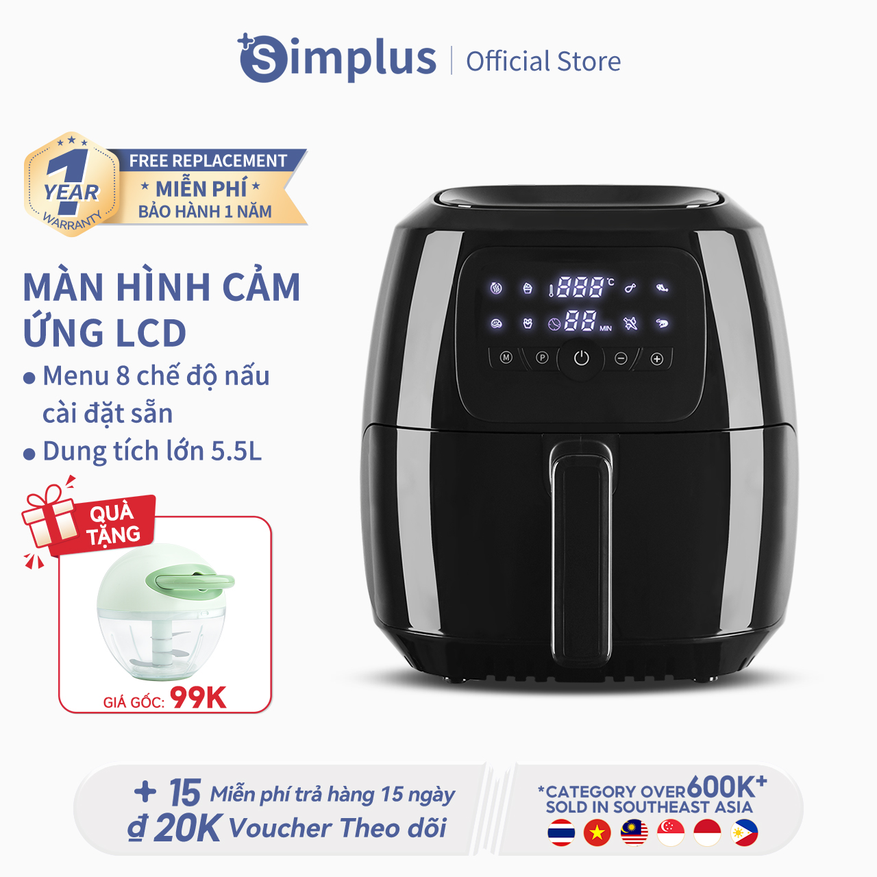 Simplus Nồi chiên không dầu công suất lớn màn hình điều kiển cảm ứng  5L  Phù hợp cho cả gia đình Nồ