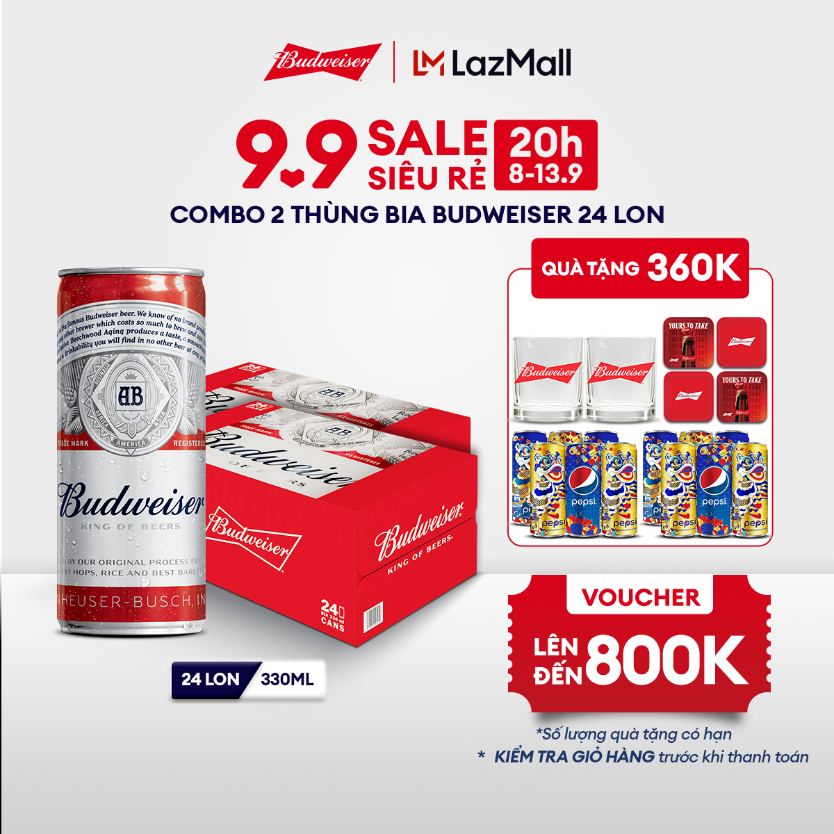 [20h 8.9 - 13.9 VC ĐẾN 100K+FS] Combo 2 Thùng 24 Lon Bia Budweiser (330ml/lon) Date [02/2025]