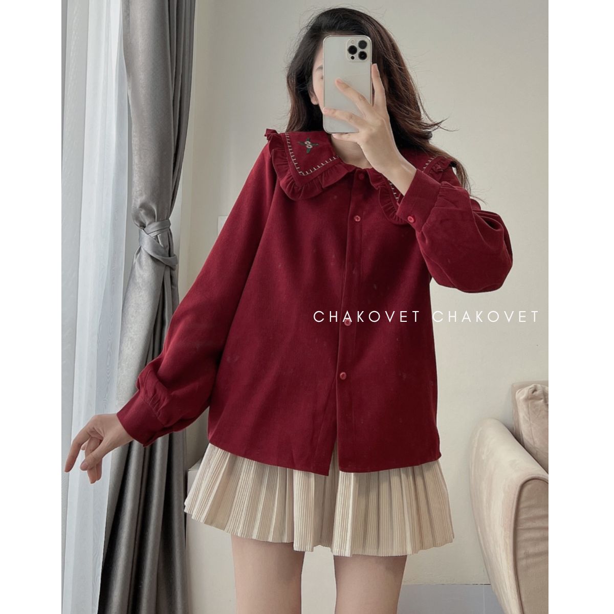 Áo sơ mi nhung dài tay cổ bèo nhọn A.8768áo thiết kế thêu hoa xinh xắn phong cách vintage thanh lịch