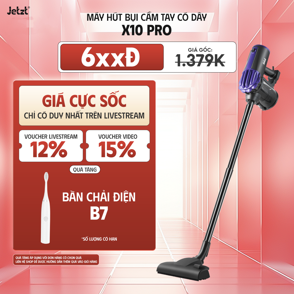 Máy hút bụi cầm tay có dây JETZT X10 PRO - Dung lượng 0.8L, màu Đen