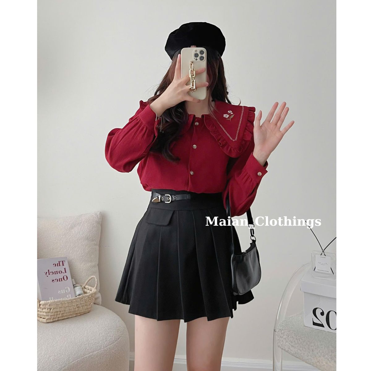 Áo sơ mi nữ cổ bèo A.8664áo thêu họa tiết bông tuyết siêu xinh phong cách Hàn Quốc thời trang công s