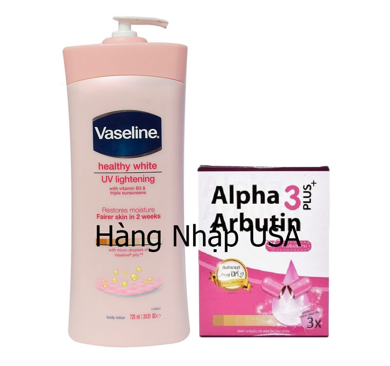 [HCM]Combo dưỡng trắng da Vaseline 725ml + Hộp viên kích trắng Alpha Arbutin