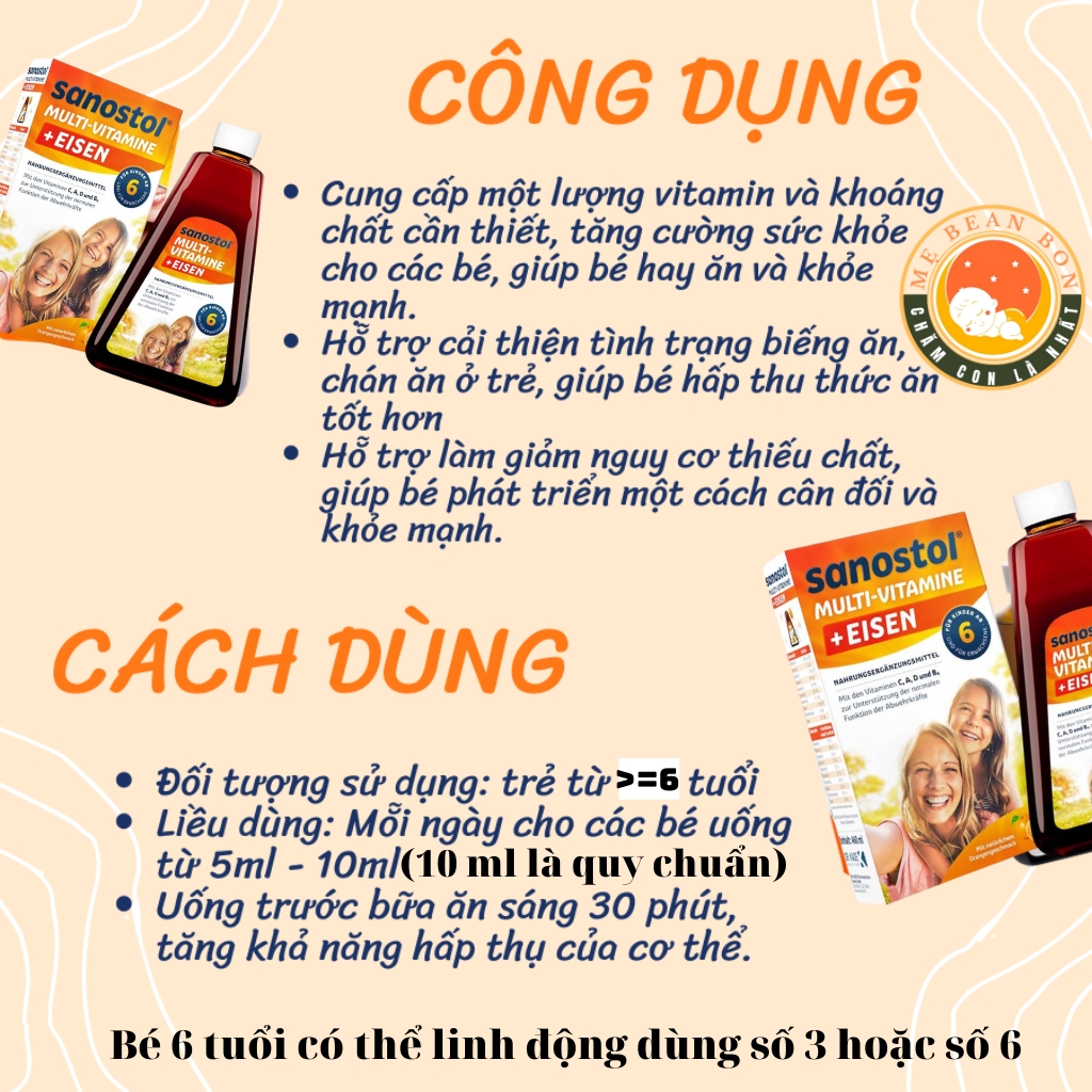 Vitamin Tổng Hợp Sanostol Số 6 + Sắt Cho Bé Từ 6 Tuổi 460 ml sanostol số 3 cho bé (từ 3 - 6 tuổi) sa