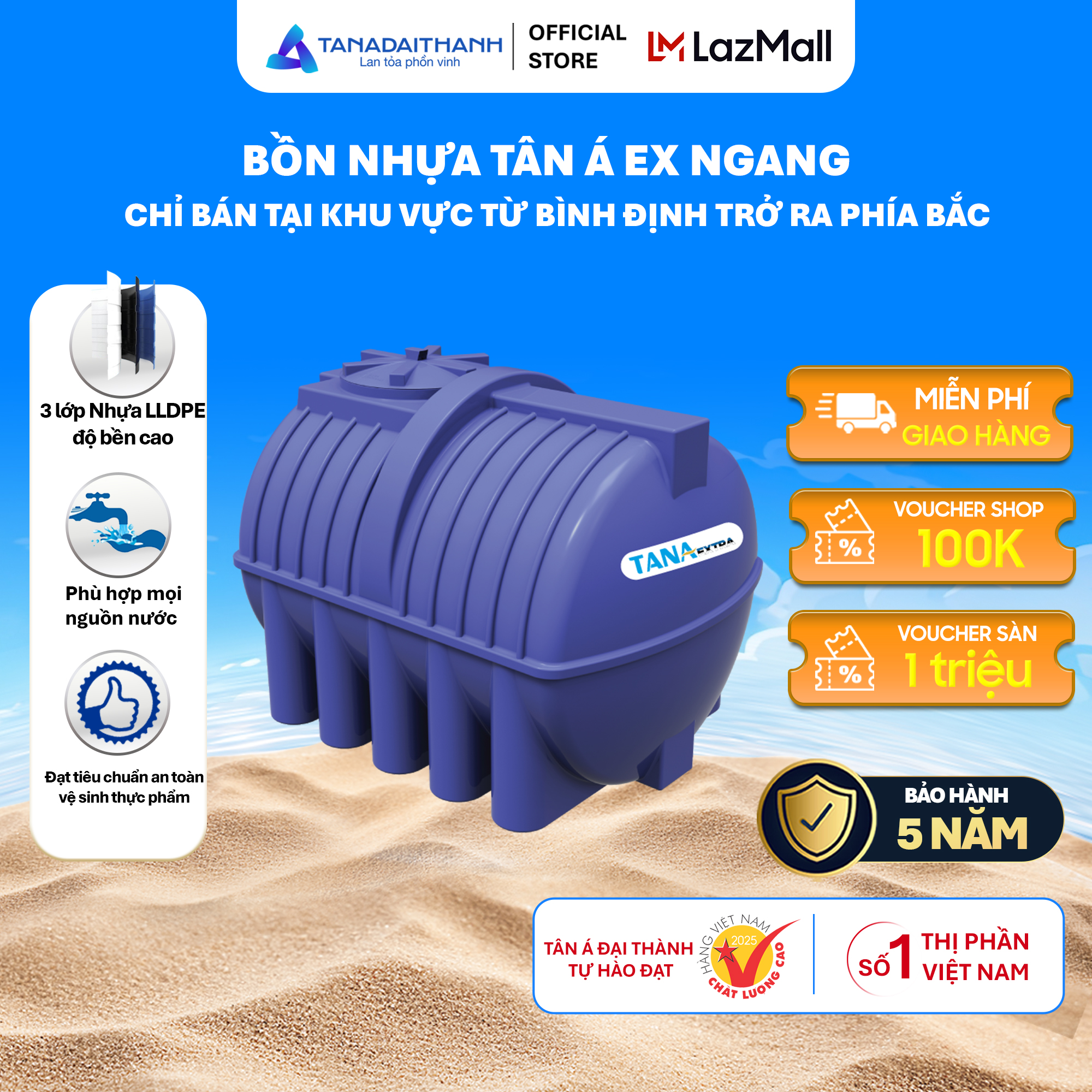 Bồn nước nhựa Tân Á Ex Ngang 500L 1000L 1500L 2000L - Chính hãng Bảo hành 5 năm Chỉ bán miền Bắc