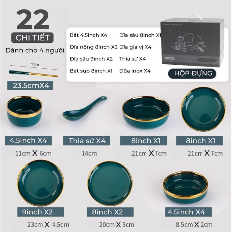 Bộ Bát Đĩa Chén Sứ 32 Món Viền Vàng Cao Cấp Phong Cách Bắc Âu Bộ Bát Đĩa Sứ Dành Cho 6 Người Ăn GỐM 