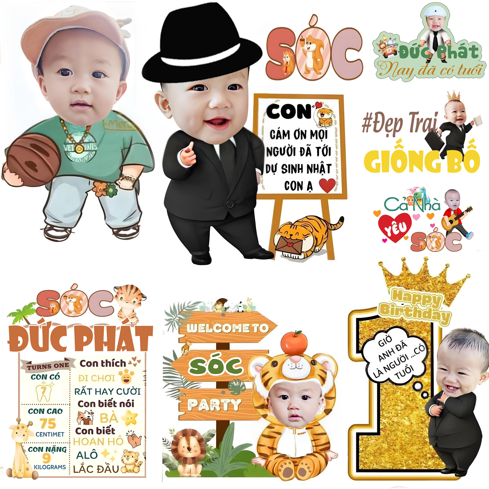 Set chibi để bàn trang trí sinh nhật bé trai 1 tuổi