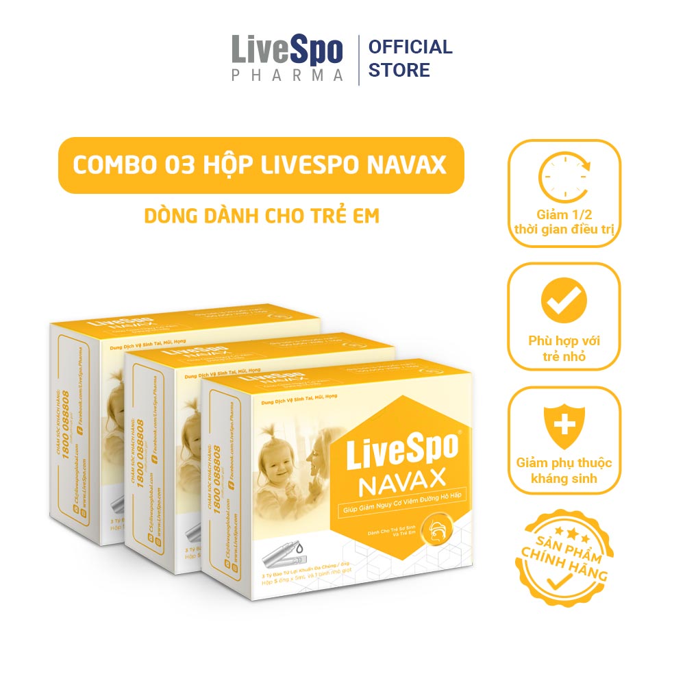 Combo 3 hộp nước muối sinh lý bào tử lợi khuẩn LiveSpo NAVAX KIDS - Nhỏ mũi dành cho trẻ nhỏ - Hộp 5