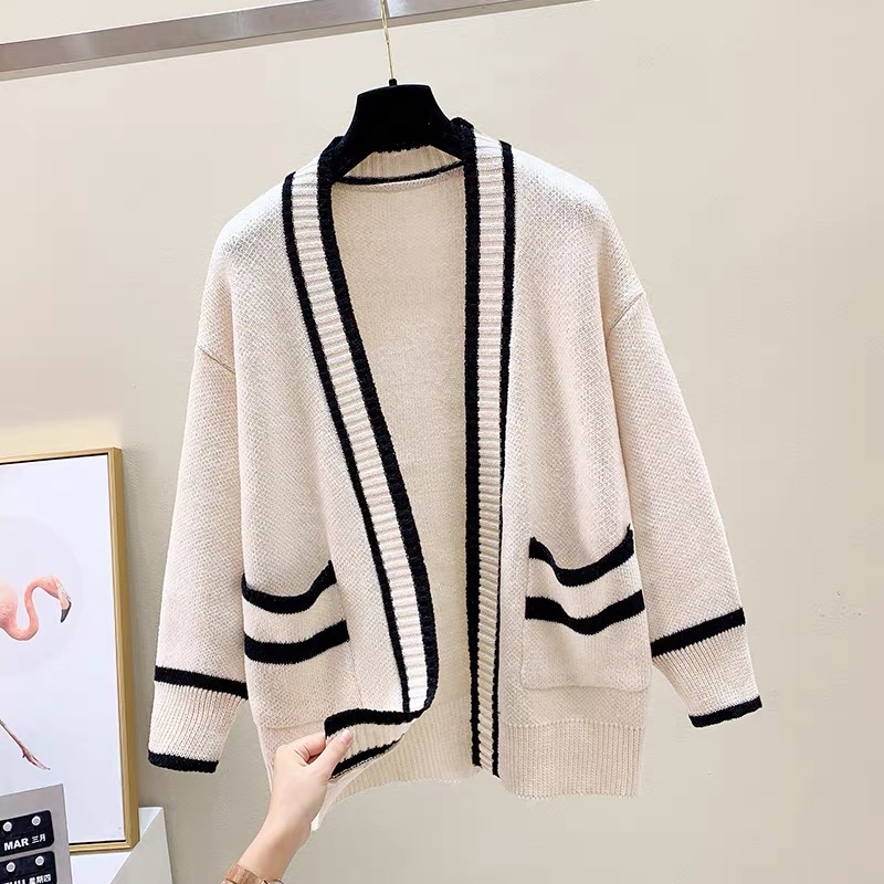Áo khoác len cardigan nữ viền đen trắng dáng dài rộng dày dặn có túi kiểu dáng Hàn Quốc trẻ trung năng động dễ phối đồ
