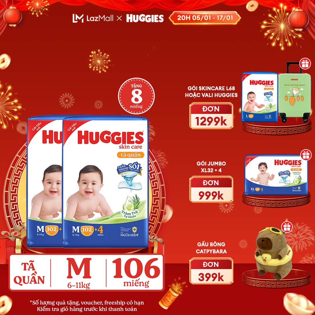 [CHỈ 20H 05-17.01 GIẢM THÊM 90K] Combo 2 Gói Tã/bỉm quần HUGGIES SKINCARE MEGA JUMBO size M106 miếng