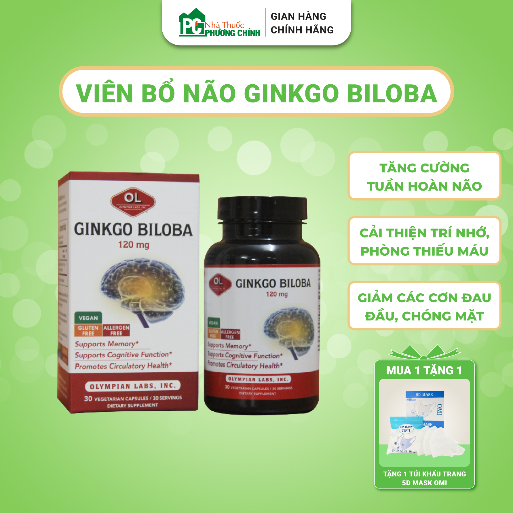 Viên Bổ Não Olympian Labs Ginkgo Biloba 120mg Giúp Giảm Hoa Mắt Chóng Mặt Đau Đầu 30 Viên/Hộp