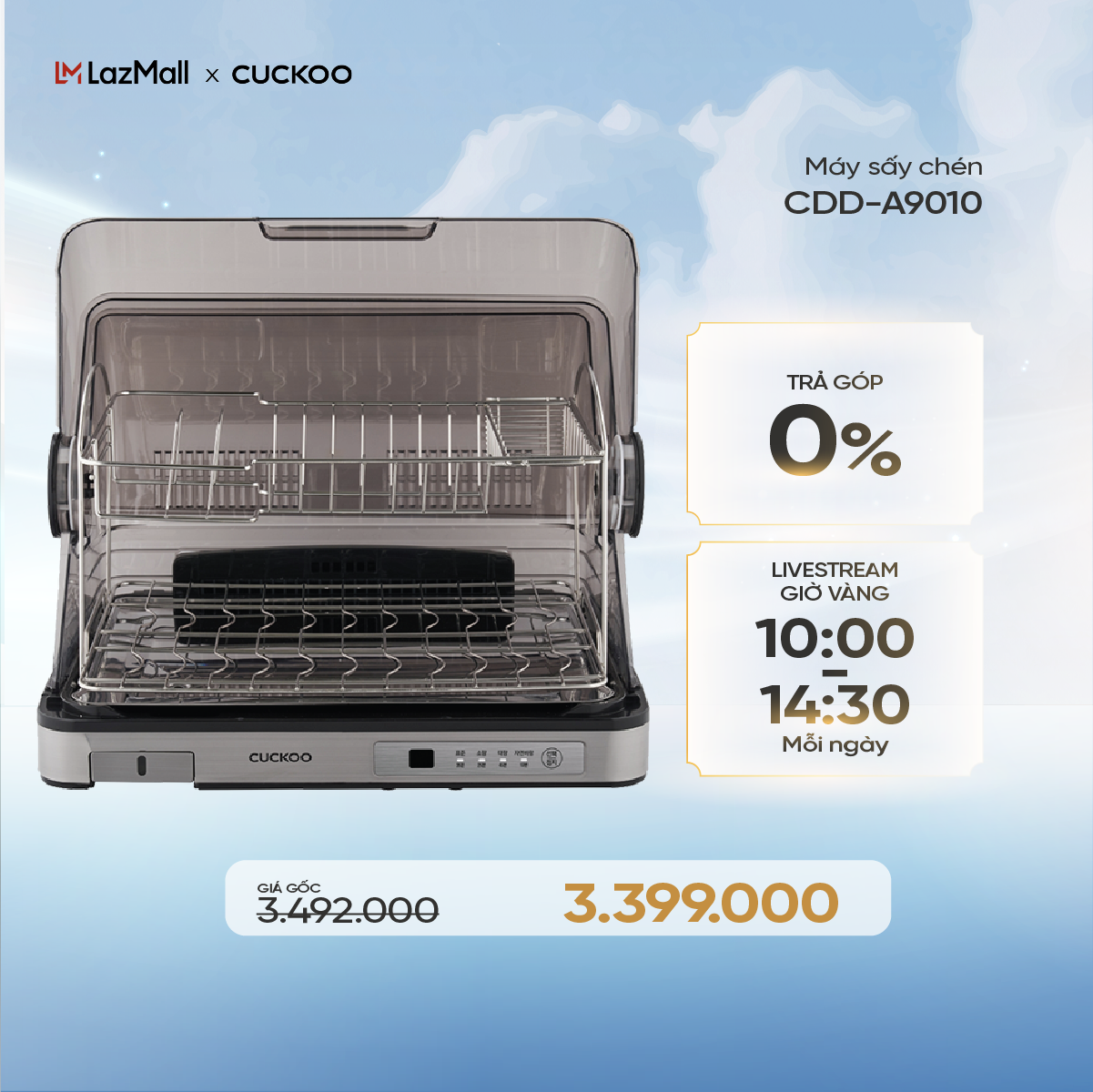 Máy sấy chén Cuckoo 40 lít CDD-A9010 - 4 chế độ sấy - Khung thép không gỉ - Phiên bản Tiếng Anh - Hà