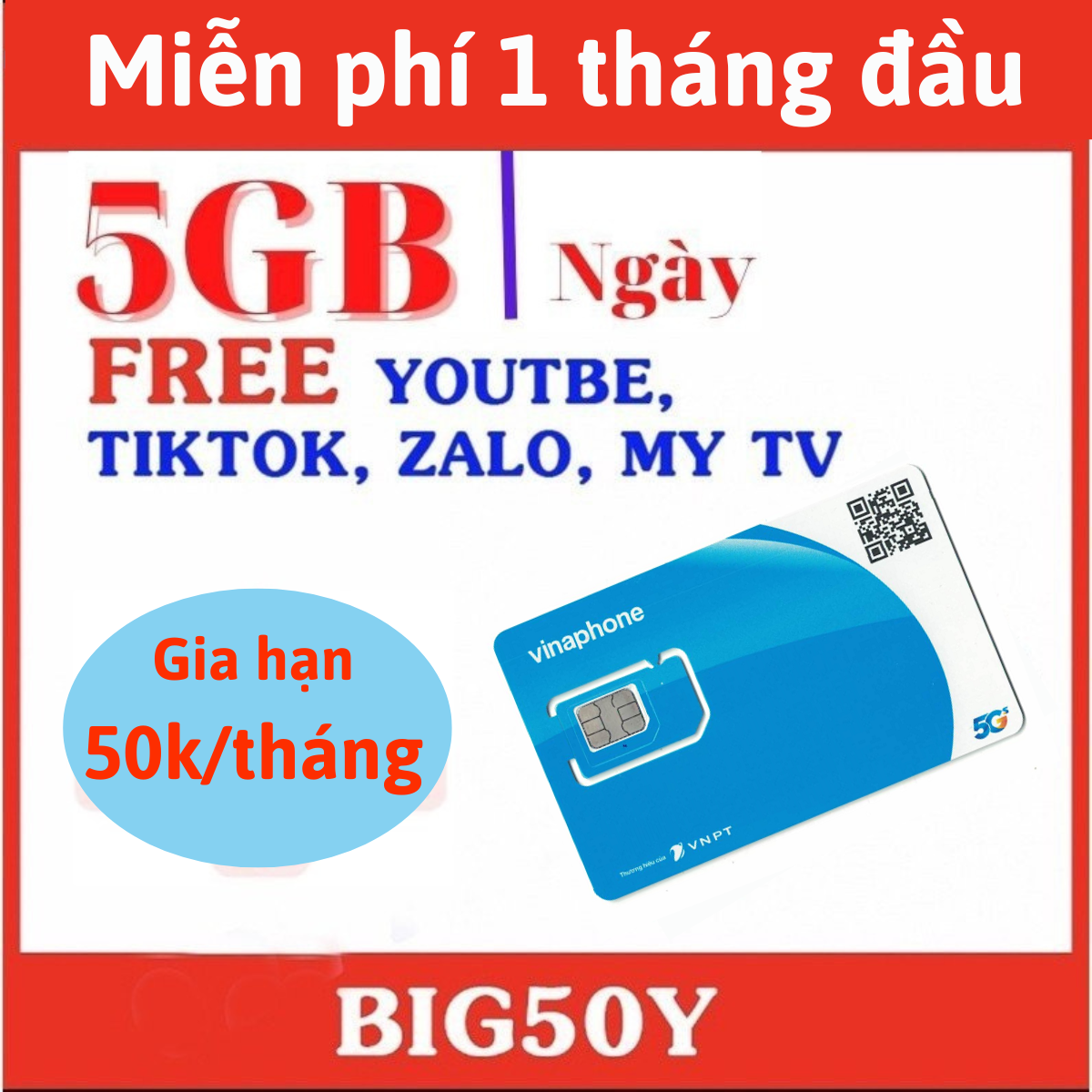 ( 1 TỶ GB ) Sim 5G Vina BIG50Y Đăng Ký Chỉ 50K/Tháng Vào Mạng Tẹt Ga Không Giới Hạn - Tặng 1 Tháng Đ