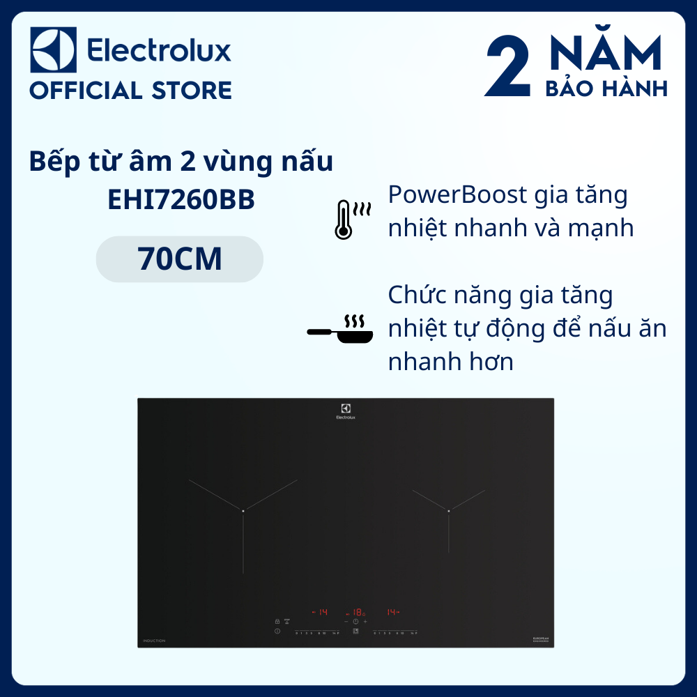[Giao lắp 0Đ] Bếp từ âm Electrolux 2 vùng nấu 70cm EHI7260BB Bếp từ an toàn nấu nhanh tiết kiệm năng