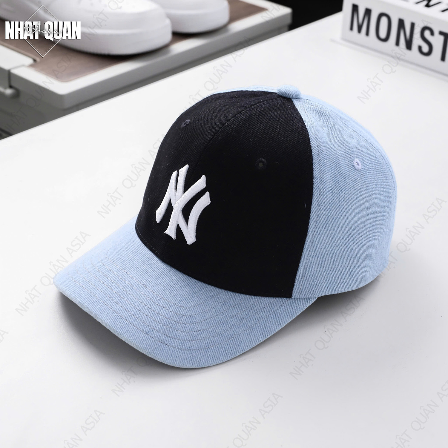 Mũ nón lưỡi trai MLB NY jeans wash đen xanh logo thêu nổi - Nhật Quân Asia nhatquanasia