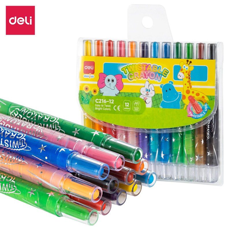 Bút sáp vặn Deli 12 / 18 / 24 màu siêu trơn vỉ nhựa C216
