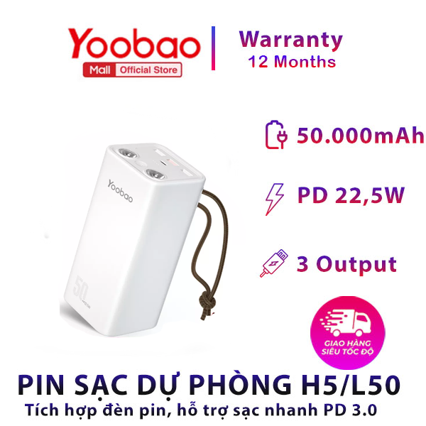 [TẶNG KÈM CÁP] Pin sạc dự phòng Yoobao H5 50000mAh - Tích hợp đèn pin siêu sáng - Sạc nhanh cho điện