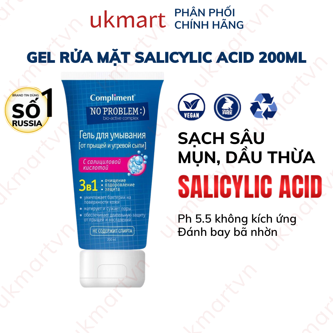 Gel rửa mặt BHA Compliment No Problem làm sạch sâu giảm viêm & mụn 200ml